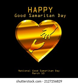 golden heart symbol with a pair of hands helping each other isolated on black background, National Good Samaritan Day March 13