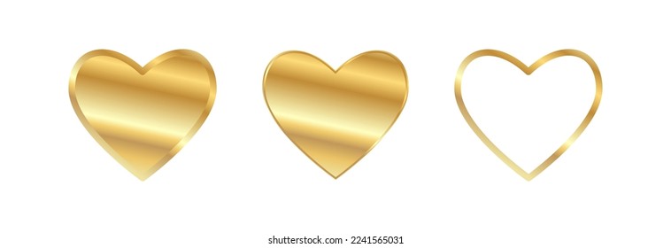 Golden heart in three different variations on a white background.