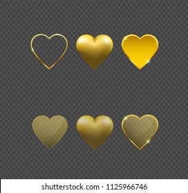 Golden heart vector set. Transparent glass heart