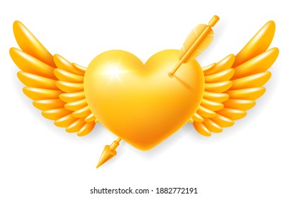 Golden heart with wings, pierced by cupid arrow. Love inspires. Realistic design element and symbol for Valentines Day, wedding or other life events. Isolated on white. Vector illustration.