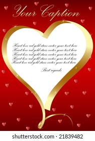 Golden heart-frame with "copy space" at the red background with little hearts