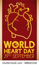 Golden hearth outline design with greeting text to commemorate World Heart Day in red banner.
