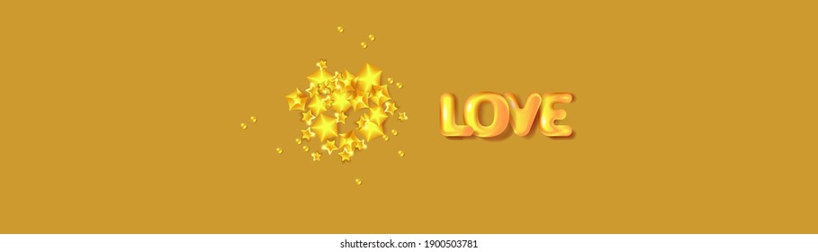 Goldene Herzen, 3D-Text Liebe und Sternenkonfetti. Feiertagsbanner für den Valentinstag, Hochzeit, Muttertag.