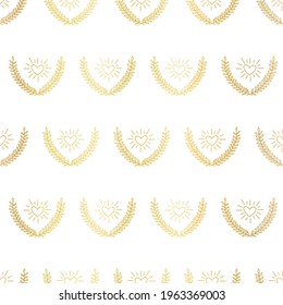 Golden hearts between laurel wreath seamless vector pattern. Repeating background metallic gold foil doodle hearts floral branches. Surface pattern design for fabric, wrapping, Valentines.