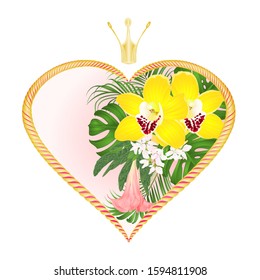 Golden hearts with a crown  and yellow orchids cymbidium and Brugmansia vector