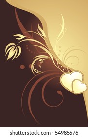 Golden hearts with decorative sprig. Background for card. Vector