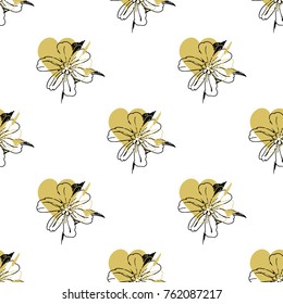 Golden hearts with flowers seamless pattern. Romantic background. All over print.