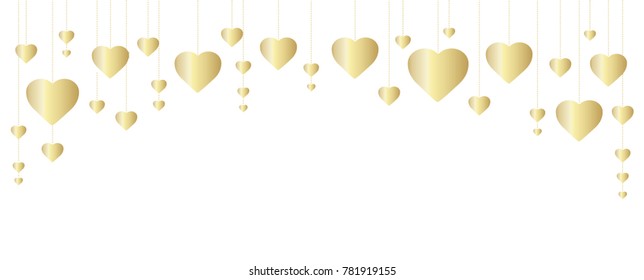 Golden hearts frame, border. Great for decoration of Valentine and Mothers day cards, wedding invitations, party posters and flyers, website and social media headers.