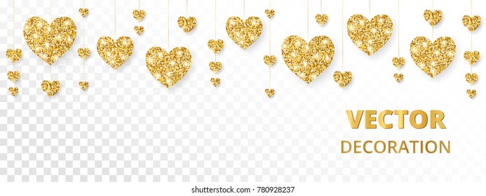 Golden hearts frame, border. Vector glitter isolated on white. Great for decoration of Valentine and Mothers day cards, wedding invitations, party posters and flyers, website and social media headers.