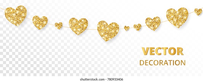 Golden hearts garland, seamless border. Vector glitter isolated on white. Great for decoration of Valentine and Mothers day cards, wedding invitations, party posters and flyers, website headers.