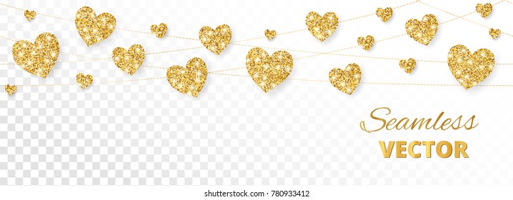 Golden hearts garland, seamless border. Vector glitter isolated on white. Great for decoration of Valentine and Mothers day cards, wedding invitations, party posters and flyers, website headers.