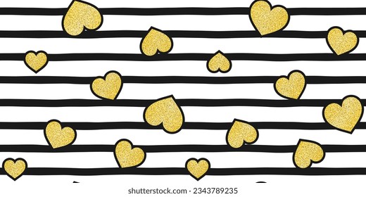 Golden hearts with glitter texture and black edging on a black and white striped background. Valentine's day and wedding endless texture. Vector seamless pattern for wrapping paper, giftwrap and print