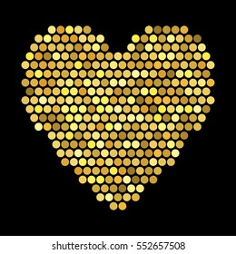 Golden hearts with halftone effect isolated on black background