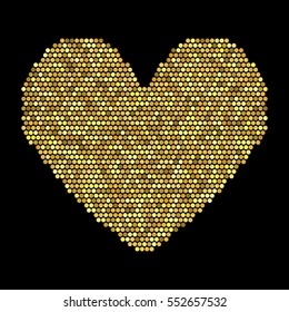 Golden hearts with halftone effect isolated on black background