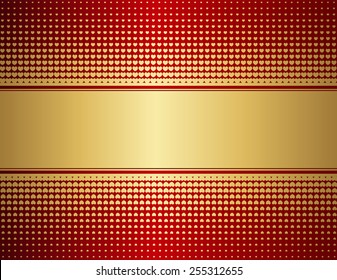Golden hearts halftone pattern on red background for love and valentines day card designs