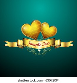 Golden hearts of love with ribbon and curly ornament on blue background