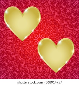 Golden hearts on the boho background