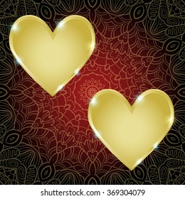 Golden hearts on the boho background with lacy ornament