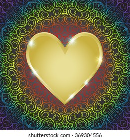Golden hearts on the boho background with lacy ornament and gay pride colors.