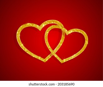 Golden hearts on red background
