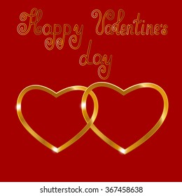 Golden hearts on a red background with handwritten inscription - happy Valentine's day