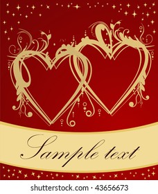 Golden hearts on red background and free place for your text. Valentine's or love card