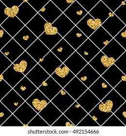 Golden hearts rhombus seamless pattern. Gold glitter and black template. Abstract texture. Retro Valentine day design for card, wallpaper, wrapping, textile, fabric etc. Vector Illustration
