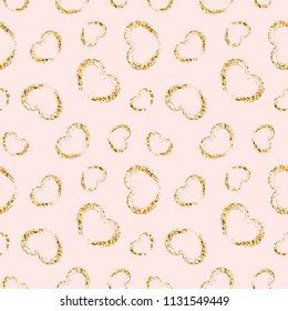 Golden hearts seamless pattern. Gold glitter and black chaotic template. Abstract texture. Retro. Valentine day design template for wallpaper, wrapping, textile, fabric Vector Illustration