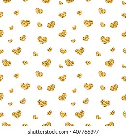 Goldene Herzen nahtloses Muster. Goldglanz und weiße Vorlage. Abstrakte geometrische Struktur. Retro. Valentinstag Design-Vorlage für Karte, Tapete, Verpackung, Textilien, Gewebe usw. Vektorgrafik