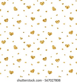 Golden hearts seamless pattern. Gold glitter and white template. Abstract geometric texture. Retro. Valentine day Design template card, wallpaper, wrapping, textile, fabric etc Vector Illustration