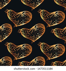 Golden hearts seamless pattern on a black background. Hand drawn vector illustration.
