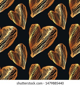 Golden hearts seamless pattern on a black background. Hand drawn vector illustration.