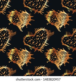 Golden hearts seamless pattern on a black background. Hand drawn vector illustration.