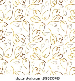 Golden hearts seamless pattern. Romantic  background for poster design, wrapping paper, textile, wedding, Valentine design.  Hand drawn cute vector illustration. Line art drawing.