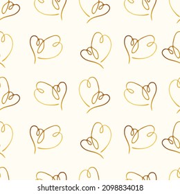 Patrón sin fisuras de los corazones dorados. Fondo romántico para el diseño de afiches, papel de envoltura, textil, boda, diseño de San Valentín.  Dibujo manual de una linda ilustración vectorial. Dibujo de líneas.