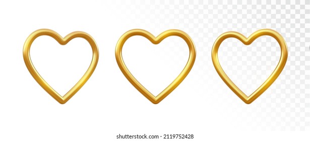 Golden hearts. Set of decorative 3D realistic shiny metallic gold heart on transparent background. Valentines day gold luxury decoration. Vector illustration.