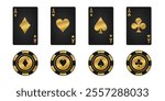 Golden hearts, spades, diamonds, clubs cards sign. Four black aces playing card suits set