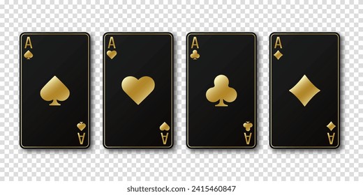 Golden hearts, spades, diamonds, clubs cards sign. Black aces playing card suits set. Poker or casino, gambling concept. A winning poker hand. Template for casino or poker. Vector illustration.