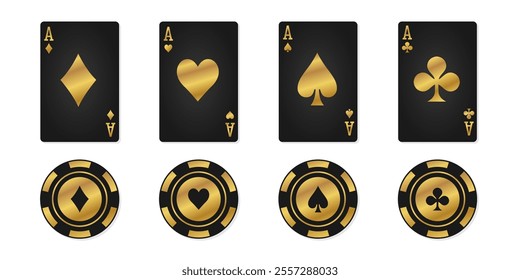 Golden hearts, spades, diamonds, clubs cards sign. Four black aces playing card suits set