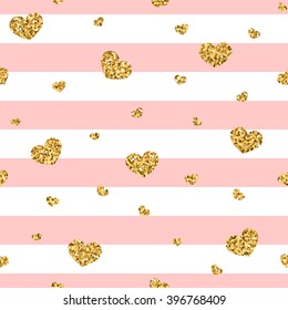 Golden hearts stripes seamless pattern. Gold glitter and pink template. Abstract texture. Retro. Valentine day design template for card, wallpaper, wrapping, textile, fabric etc. Vector Illustration.