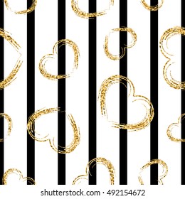 Golden hearts stripes seamless pattern. Gold glitter and black template. Abstract texture. Retro Valentine day design for card, wallpaper, wrapping, textile, fabric etc. Vector Illustration