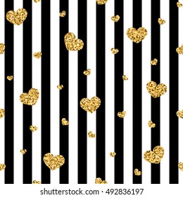 Golden hearts stripes seamless pattern. Gold glitter and black template. Abstract texture. Retro Valentine day design for card, wallpaper, wrapping, textile, fabric etc. Vector Illustration