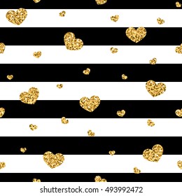 Golden hearts stripes seamless pattern. Gold glitter and black template. Abstract texture. Retro Valentine day design for card, wallpaper, wrapping, textile, fabric etc. Vector Illustration
