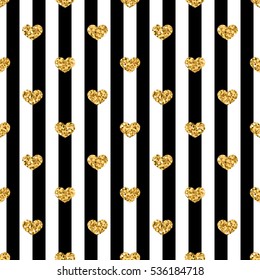 Golden hearts stripes seamless pattern. Gold glitter and black template. Abstract texture. Retro Valentine day design for card, wallpaper, wrapping, textile, fabric etc. Vector Illustration