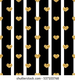 Golden hearts stripes seamless pattern. Gold glitter and black template. Abstract texture. Retro Valentine day design for card, wallpaper, wrapping, textile, fabric etc. Vector Illustration