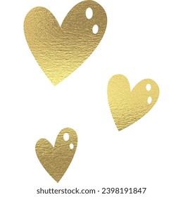 golden hearts with transparent background. Gold foil texture.