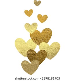 golden hearts with transparent background. Gold foil texture.