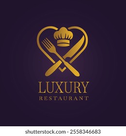 Golden heart-shaped emblem with fork knife and chef hat on dark purple background for luxury restaurant logo
