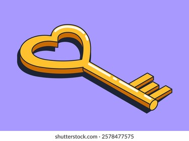 Golden heart-shaped key with a glossy finish on a purple background. Flat design style. Represents love, access, and connection concepts. Vector illustration