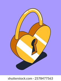 A golden heart-shaped padlock with a keyhole, presented in a flat graphic style on a purple background. Concept of love, security, and trust. Vector illustration